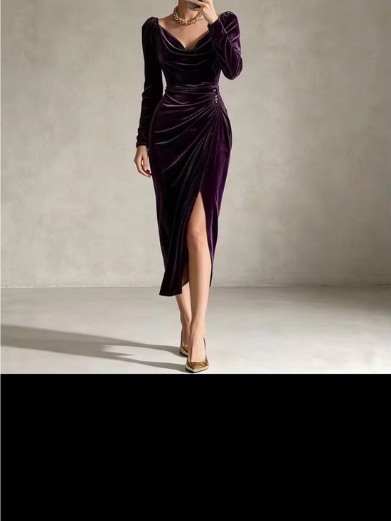 Dresses & Skirts - Elegant Purple Velvet Ruched Midi Skirt
